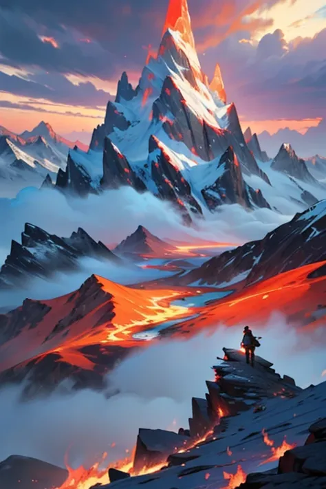 map，Look down from the sky，Epic feeling，Very high mountain，Sense of animation，karo，red，Warm colors，sharp，sharpest，mountain peak，flame of war，smoke