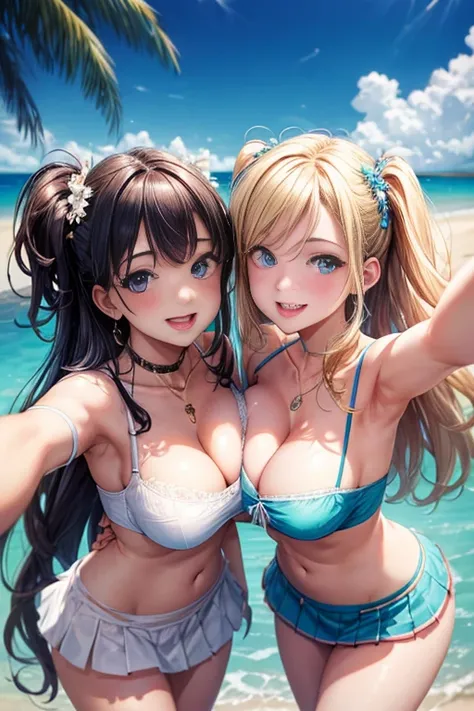 realistic, Selfie of two girls, close contact with both breasts,,, off shoulder、micro mini skirt、cleavage emphasis、Lower milk is visible、Side breasts are visible、big breasts, smile、mouth open、The belly button is visible、bold pose、accurate eye、symmetrical f...