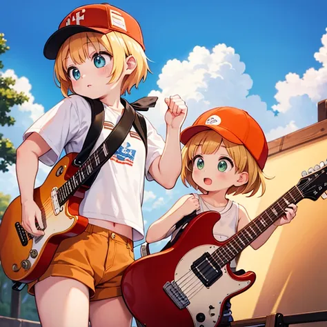 masterpiece、orange hat、bleach short hair、strong girl、guitar、fight