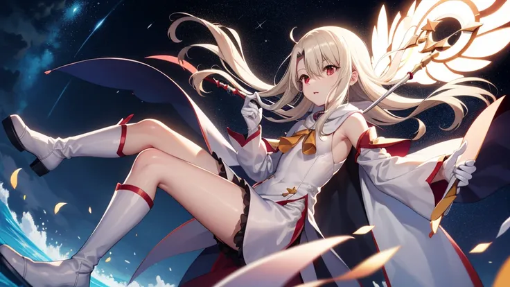 Illyasviel von Einzbern, blonde hair, hair between eyes, long hair, (red eyes:1.5),
 boots, Detached sleeves, , White gloves, Blue cloak robe, absolute chance,holding a bow and arrow，shooter，Traveling to the stars，Searching for stars at night，Wisdom field，...