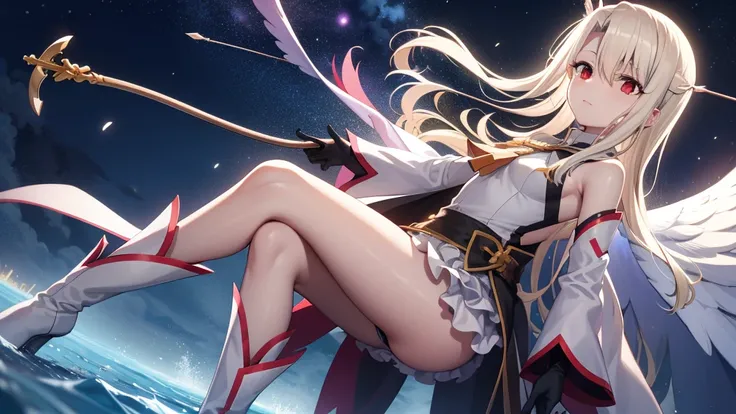 Illyasviel von Einzbern, blonde hair, hair between eyes, long hair, (red eyes:1.5),
 boots, Detached sleeves, , White gloves, Blue cloak robe, absolute chance,holding a bow and arrow，shooter，Traveling to the stars，Searching for stars at night，Wisdom field，...