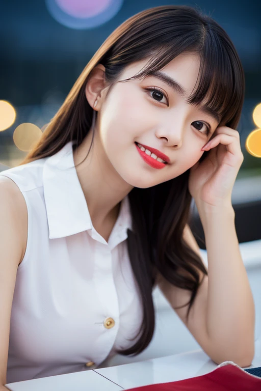 table top, highest quality, 8K, 18-year-old, Ten generations, RAW photo, absurd, award-winning portraits, smile, alone, (night:1.8), idol face, delicate girl, Upper body, Digital single-lens reflex camera, looking at the viewer, Frank, Sophisticated,thin a...