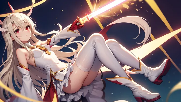 Illyasviel von Einzbern, blonde hair, hair between eyes, long hair, (red eyes:1.5),
 boots, Detached sleeves, , White gloves, white skirt, absolute chance,lightsabers，Huangding Qingtian，Immortal rebirth of fortune，time domain，divine light element