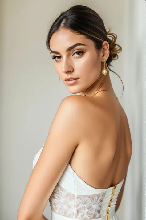 (best quality, highres, ultra-detailed), (realistic), woman in a white dress, gold bracelet, gold ring, beautiful detailed eyes, beautiful detailed lips, clean face, clean body skin, white camisole, photoshoot, showing her shoulder from the back, portrait,...