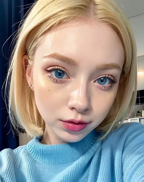 pale blonde haired girl with pale skin and kpop makeup with lip gloss on. blue eyes and aesthetic selfie. Wearing a blue sweater