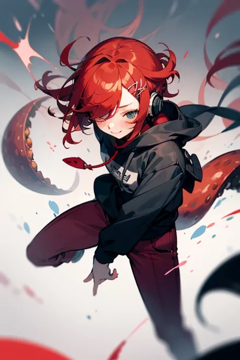 Girl with black sweatshirt with white letters saying "ur buns lol" and black and red pants, red hair, messy hair, short hair, side swept bangs, swept bangs, hair spread out, floating hair, expressive hair, tentacle hair, tied hair, tied hair, tied hair, ti...