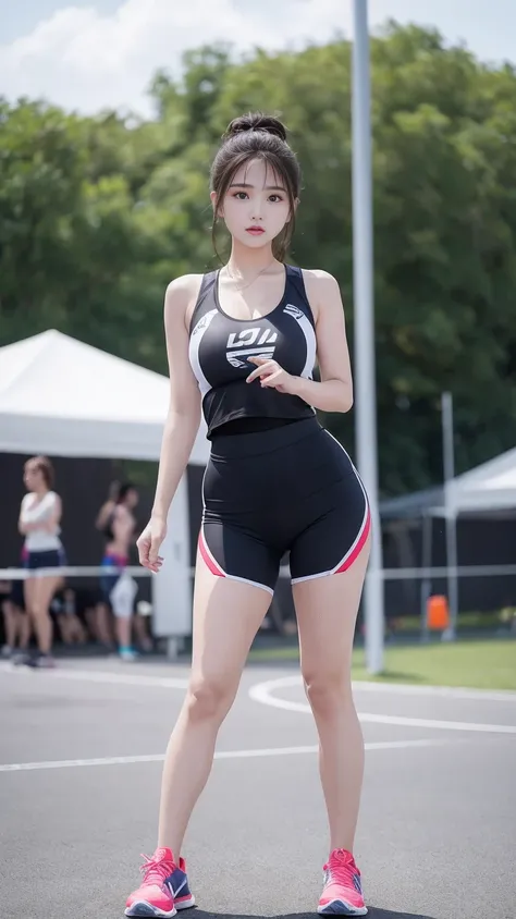 ultra high resolution、super high quality、Ultra high detail、Ultra high precision、Super cute track and field club girl，Wearing sweaty see-through sportswear、cross the runway、sunny、glow、serious facial expression、accurate hand、Precise alignment of four fingers...