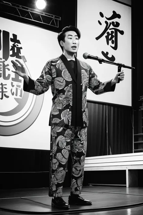 A monochrome print-style abstract painting of a manzai performer giving a talk on stage.