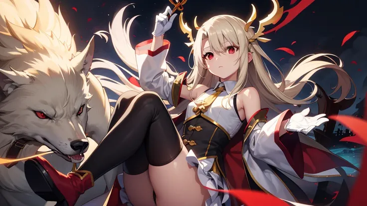 Illyasviel von Einzbern, blonde hair, hair between eyes, long hair, (red eyes:1.5),A cool girl boots, Detached sleeves, , White gloves, white skirt, absolute chance,Ender Wolf King，Xun Ying Chuan Xin，right and wrong realm，Assassin，Divine Dark Element，black...