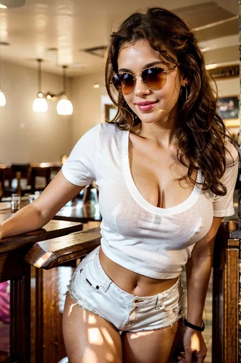 girl wearing white shirt and torn shorts in a pub exposing thighs, photo-realistic, brown hair, curly hair, shiny hair, sunglasses, hazel eyes, heart earrings, makeup, smile, naughty, pink lips, depth of field, room lighting, close-up, masterpiece, super d...