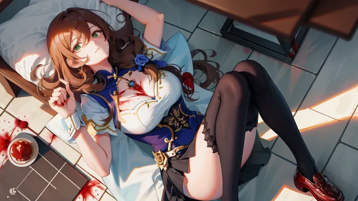 (Lie on the ground:1.2), Lisa, genshin impact, 1 girl, alone, ((White school uniform)), red bow tie, black knee socks, (school shoe:1.2), big breasts, cleavage, uniform, office background, ((Killed)), ((From above)), (cinematic lighting), (Put your arms on...