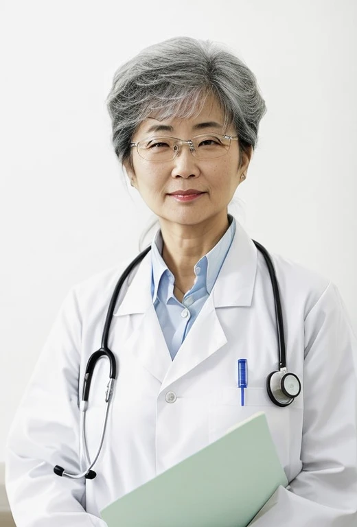 Wearing a white lab coat、A straight-faced Chinese beauty，Around 50 years old，Kind and dignified。Asian woman holding folder, Elegant posture，面带微笑doctor, wearing a lab coat doctor, (doctor), wearing a lab coat, Use a stethoscope, wearing a lab coat, wearing ...