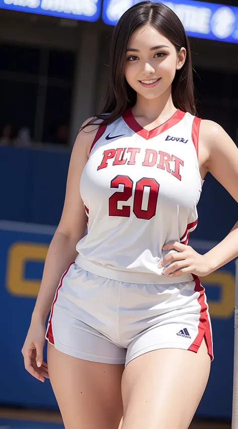 Girl in white basketball uniform, tall, smiling, pitching, big breast, curvy body, wide hips, big buttock
