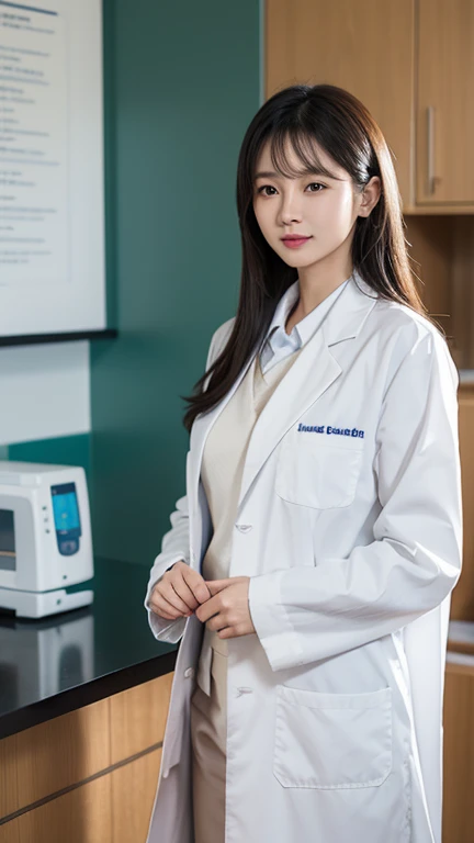 Wearing a white lab coat、A straight-faced Chinese beauty，Around 50 years old，Kind and dignified。Asian woman holding folder, Elegant posture，面带微笑doctor, wearing a lab coat doctor, (doctor), wearing a lab coat, Use a stethoscope, wearing a lab coat, wearing ...