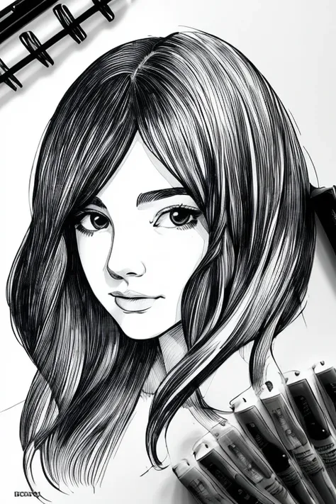 Black and white sketch, its fine ink line art, comic style, portrait of young woman, beautiful line art