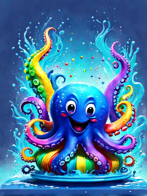 (colorful rainbow octopus in colorful ink style)，((paint brushes，drawing board，drawing plate))，(covered with ink splatters), lov...