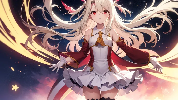 Illyasviel von Einzbern, blonde hair, hair between eyes, long hair, (red eyes:1.5),A cool girl boots, Detached sleeves, , White gloves, white skirt, absolute chance,Unique in the world，Spiritual Beginning Realm Divine Beast，Blazing like a star，God of Creat...