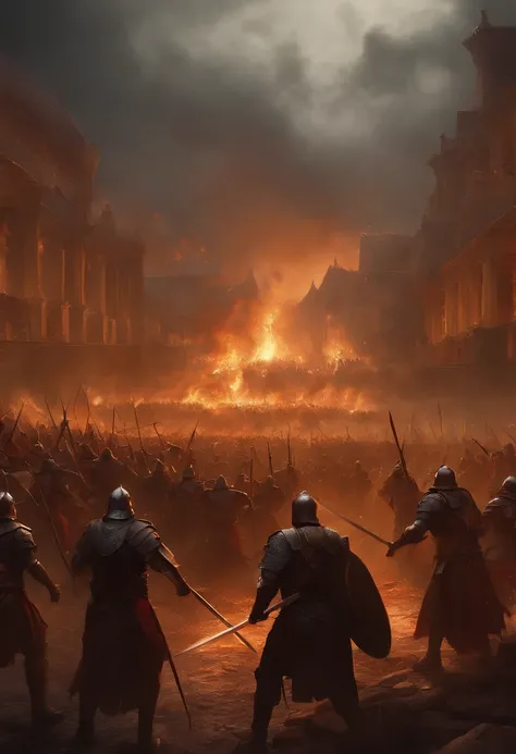 arafed scene of a battle with a group of men fighting, background: battle scene, epic battlescene, andreas rocha style, war scene, an ancient city on fire, the style of andreas rocha, cinematic matte illustration, war scenes, dota! matte painting concept a...