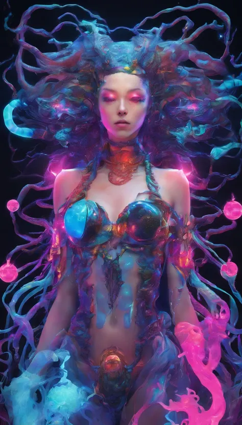 seabed，in water ，Magic ，Hair flows in the water，Looks like a whole body，background，majestic，Full of fantastic marine elements，shell，circle, Improving atmospheric algae and marine life，towards the camera，stretch hand forward，手にMagic杖，Demon King、Gender unkno...