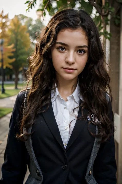 ((masterpiece)), ((best quality)), ((highres)), ((extremely detailed)), girl, solo, school uniform, outdoors, pretty face, curly ringlets hair, school, black hair, photo-realistic, depth of field