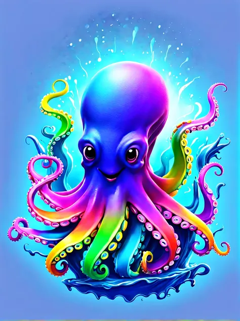 (colorful rainbow octopus in colorful ink style:1.5)，((paint brushes，drawing board，drawing plate:1.5))，(covered with ink splatte...