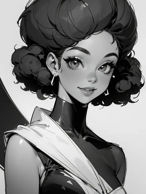 Black and white sketch, its fine ink line art, comic style, portrait of young woman, beautiful line art, afro beauty, quirky, with a smile on her lips