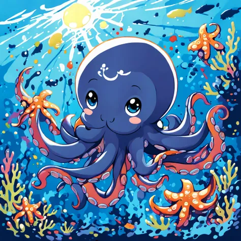 Illustrated style and whimsical atmosphere，an underwater world，((A cute octopus is:1.5))。((Intense splatter effect of oil paints and colored inks:1.6))，(More splatter effects on the canvas and the octopus itself)。The octopus should look happy doing its art...