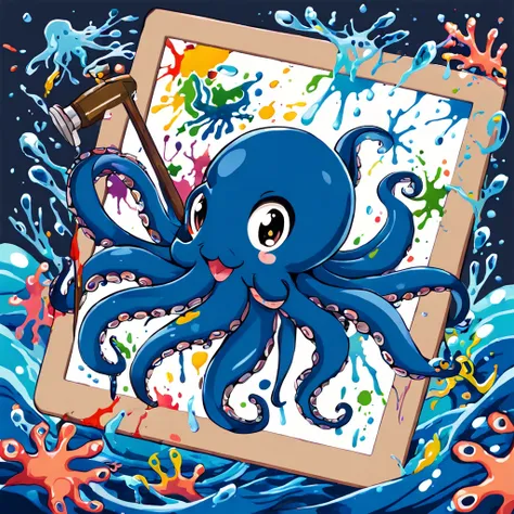 Illustrated style and whimsical atmosphere，an underwater world，((A cute octopus draws on the drawing board:1.5))。((Intense splatter effect of oil paints and colored inks:1.6))，(More splatter effects on the canvas and the octopus itself)。The octopus should ...