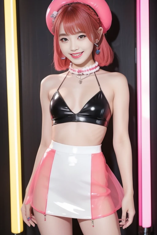 female idol、smiling face、full body Esbian、sheer latex tight mini skirt（neon coral）、multicolor hair、