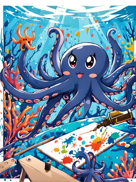 Illustrated style and whimsical atmosphere，an underwater world，((A cute octopus draws on the drawing board:1.5))。((Intense splatter effect of oil paints and colored inks:1.6))，(More splatter effects on the canvas and the octopus itself)。The octopus should ...