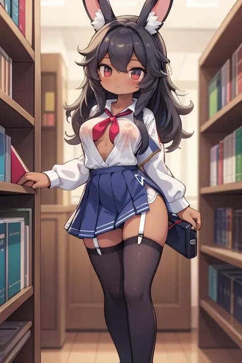 Sexy Young Ebony-Skinned White-Eared Rabbit Girl. In a Library. Wearing a school uniform. Shirt Open showing breasts. Thigh-High Leggings. Full Body. NSFW