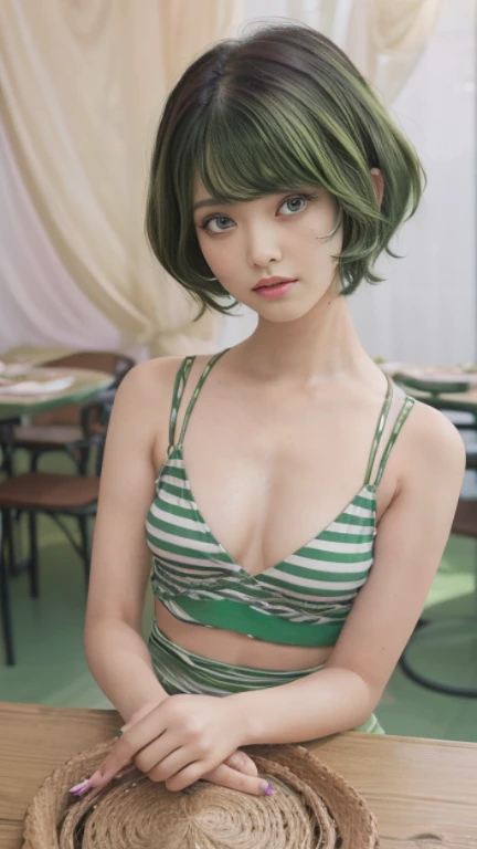 table top, highest quality, little woman, nice,whole body, , {{{detailed beautiful face}}}, Beautiful empathy (black) eye, Dead Rolling eye, (green) short hair, {shaggy cut}, bright (green) highlights hair, Striped pink hair, (small breasts), bare arms, 、