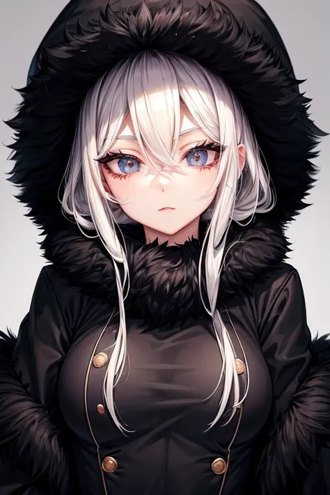 Ushanka、black mink long coat、black gloves、black boots、blonde、eyes are black、become familiar with、long eyelashes、slender body、Healthy lips、intense eye highlights、small breasts、Russian style、Do not expose the skin