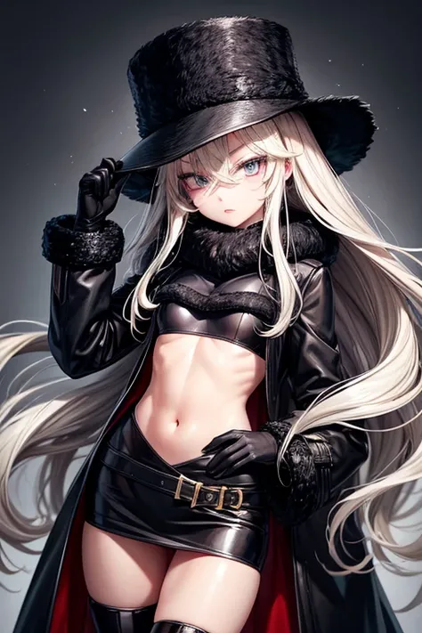 Ushanka、black mink long coat、black gloves、black boots、blonde、eyes are black、become familiar with、long eyelashes、slender body、Healthy lips、intense eye highlights、small breasts、Russian style、Do not expose the skin