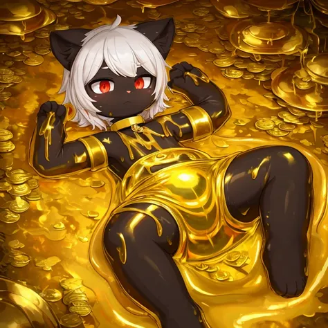 (4K,masterpiece:1.2),super detailed,A black cat in diaper,collar,red pupils,cat ears,cat nose,soaked in golden slime,into the slime,Thighs covered with golden mucus,Golden Slime，The ground is piled with gold, silver and jewelry，gold coins，lie on 