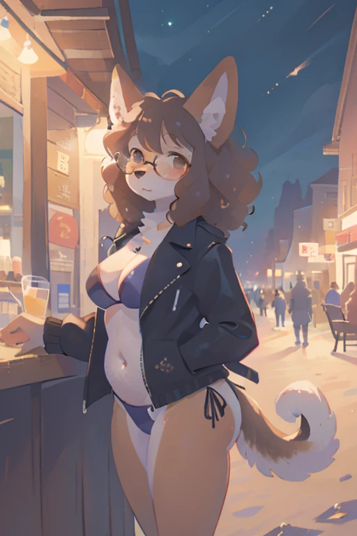 1girl, furry, anthro, canine, dog, poodle, female, dog_ears, curly_hair, black_fur, brown_fur brown_hair, curly_hair, floppy_ears, glasses, fat_ass, chest_fluff, fluffy_tail, night, open_jacket, leather_jacket, seaside, beach, thatched_roof, urban, purple ...