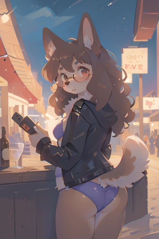 1girl, furry, anthro, canine, dog, poodle, female, dog_ears, curly_hair, black_fur, brown_fur brown_hair, curly_hair, floppy_ears, glasses, fat_ass, chest_fluff, fluffy_tail, night, open_jacket, leather_jacket, seaside, beach, thatched_roof, urban, purple ...