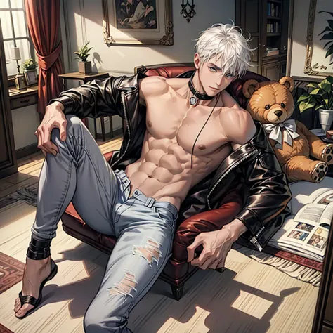 masterpiece, high-quality, high-definition, high-resolution, anime style,High-quality, High-resolution, Anime-style, Warm color tones, Angled from above, Full-body, Front-facing, (a young man is holding a teddy bear:1.3), Soft warm lighting, Relaxed pose w...