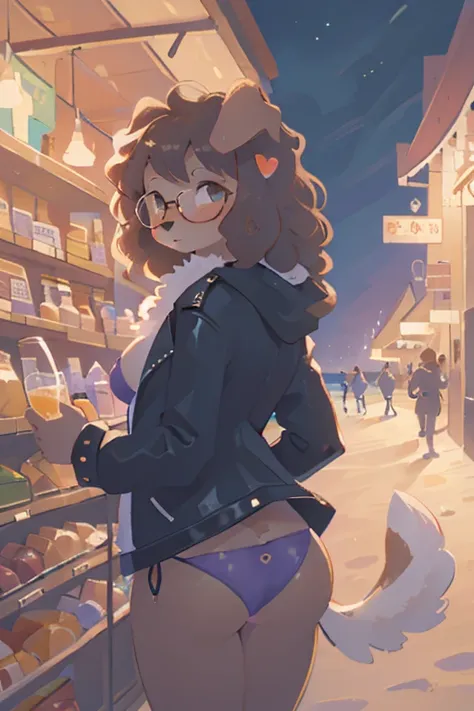 1girl, furry, anthro, canine, dog, poodle, female, dog_ears, curly_hair, black_fur, brown_fur brown_hair, curly_hair, floppy_ears, glasses, fat_ass, chest_fluff, fluffy_tail, night, open_jacket, leather_jacket, seaside, beach, thatched_roof, urban, purple ...