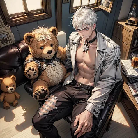 masterpiece, high-quality, high-definition, high-resolution, anime style,High-quality, High-resolution, Anime-style, Warm color tones, Angled from above, Full-body, Front-facing, (a young man is holding a teddy bear:1.3), Soft warm lighting, Relaxed pose w...