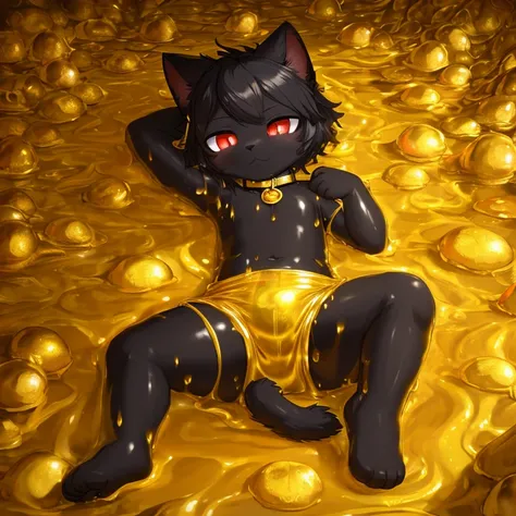 (4K,masterpiece:1.2),super detailed,A black cat in diaper,collar,red pupils,cat ears,cat nose,soaked in golden slime,into the slime,Thighs covered with golden mucus,Golden Slime，The ground is piled with gold, silver and jewelry，gold coins，lie on 