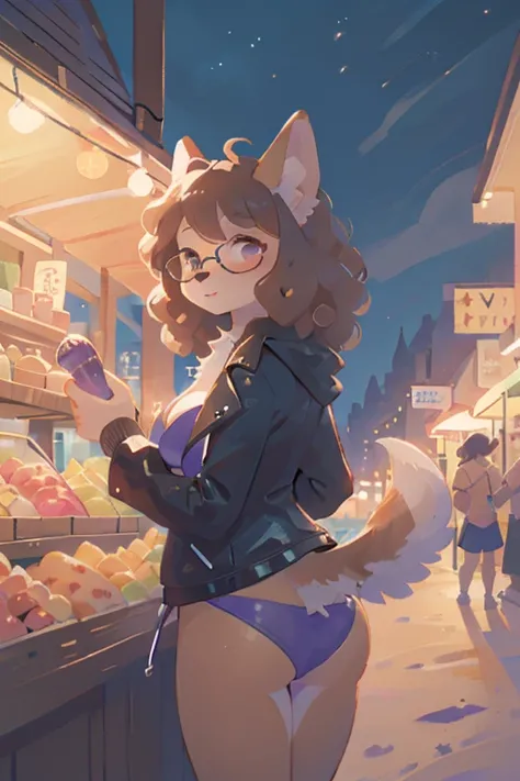 1girl, furry, anthro, canine, dog, poodle, female, dog_ears, curly_hair, black_fur, brown_fur brown_hair, curly_hair, floppy_ears, glasses, fat_ass, chest_fluff, fluffy_tail, night, open_jacket, leather_jacket, seaside, beach, thatched_roof, urban, purple ...