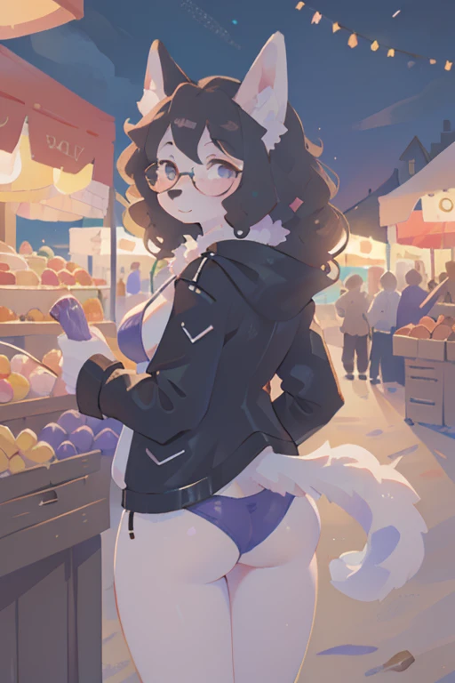 1girl, furry, anthro, canine, dog, poodle, female, dog_ears, curly_hair, black_fur, black_hair, white_fur, curly_hair, floppy_ears, glasses, fat_ass, chest_fluff, fluffy_tail, night, open_jacket, leather_jacket, seaside, beach, thatched_roof, urban, purple...