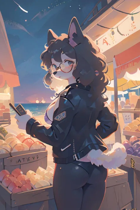 1girl, furry, anthro, canine, dog, poodle, female, dog_ears, curly_hair, black_fur, black_hair, white_fur, curly_hair, floppy_ears, glasses, fat_ass, chest_fluff, fluffy_tail, night, open_jacket, leather_jacket, seaside, beach, thatched_roof, urban, purple...