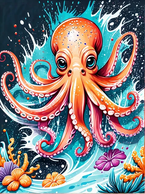 illustrated style and whimsical atmosphere，an underwater world，((a cute octopus draws on the drawing board:1.5))。((intense splat...