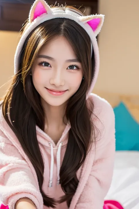 masterpiece, highest quality, 8K, super dense skin, perfect anatomy,Upper body, hot, cute, 1 girl, Colorful long hair,straight hair,oily shiny skin,colorful hoodie,cat ear headband,on the bed,15 years old,on the bed,cross your legs,looking at the viewer,sh...