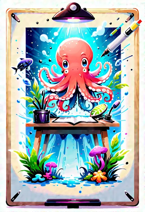 illustrated style and whimsical atmosphere，an underwater world，((a cute octopus draws on the drawing board:1.5))，((油画颜料和彩色ink的强烈...