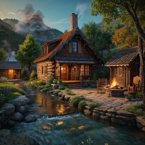 Close-up of a small house with chimney and fire, a multidimensional cozy tavern, stylized concept art,, medieval village, beautiful scenery，Flowing river