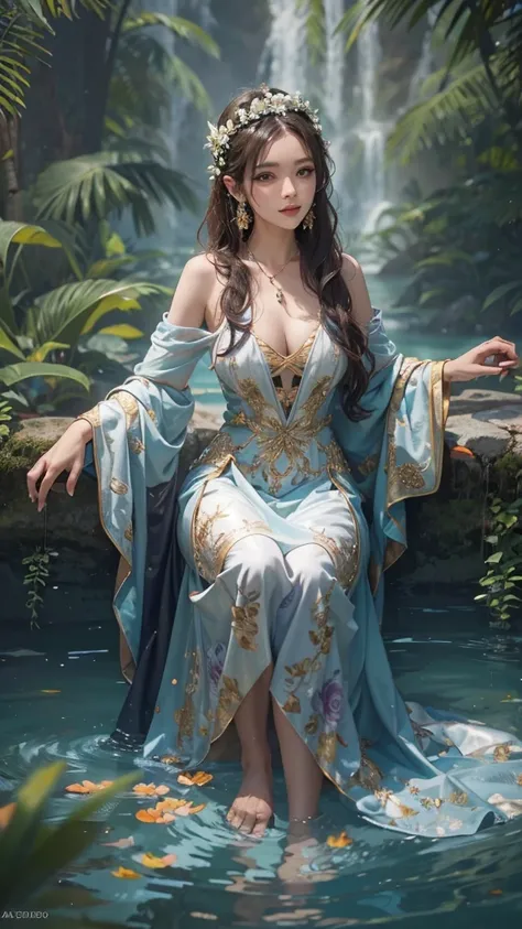 a woman wearing a sexy outfit plays in the pool, beautiful face, hdlet your hair grow long and wear floral jewelry., set sexy, i...