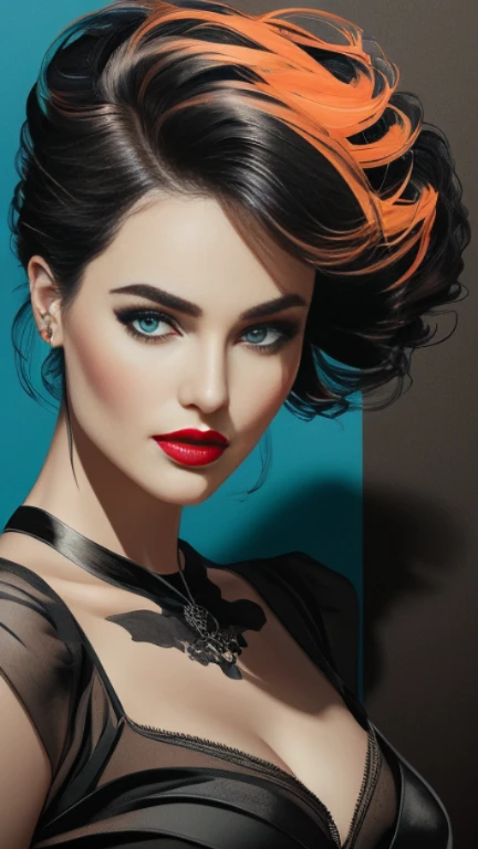 Da ist eine Frau mit rot-schwarzen Haaren und schwarzem Kleid, atemberaubende digitale Illustration, sultry digital painting, atemberaubende digitale Malerei, Exquisite digitale Illustration, Stil: Ivan Talavera und Artgerm, atemberaubende digitale Kunst, ...